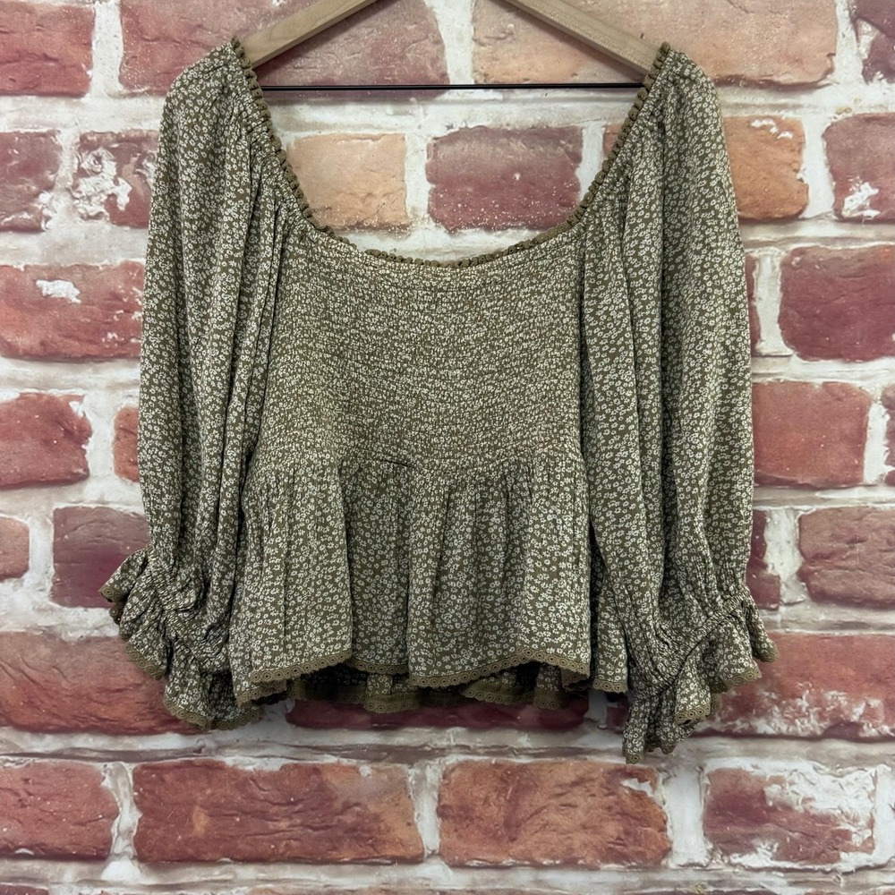 Free People Britnee Crop Top Women's Large Brown Boho Cottage Ditsy Floral Shirt - Picture 4 of 10